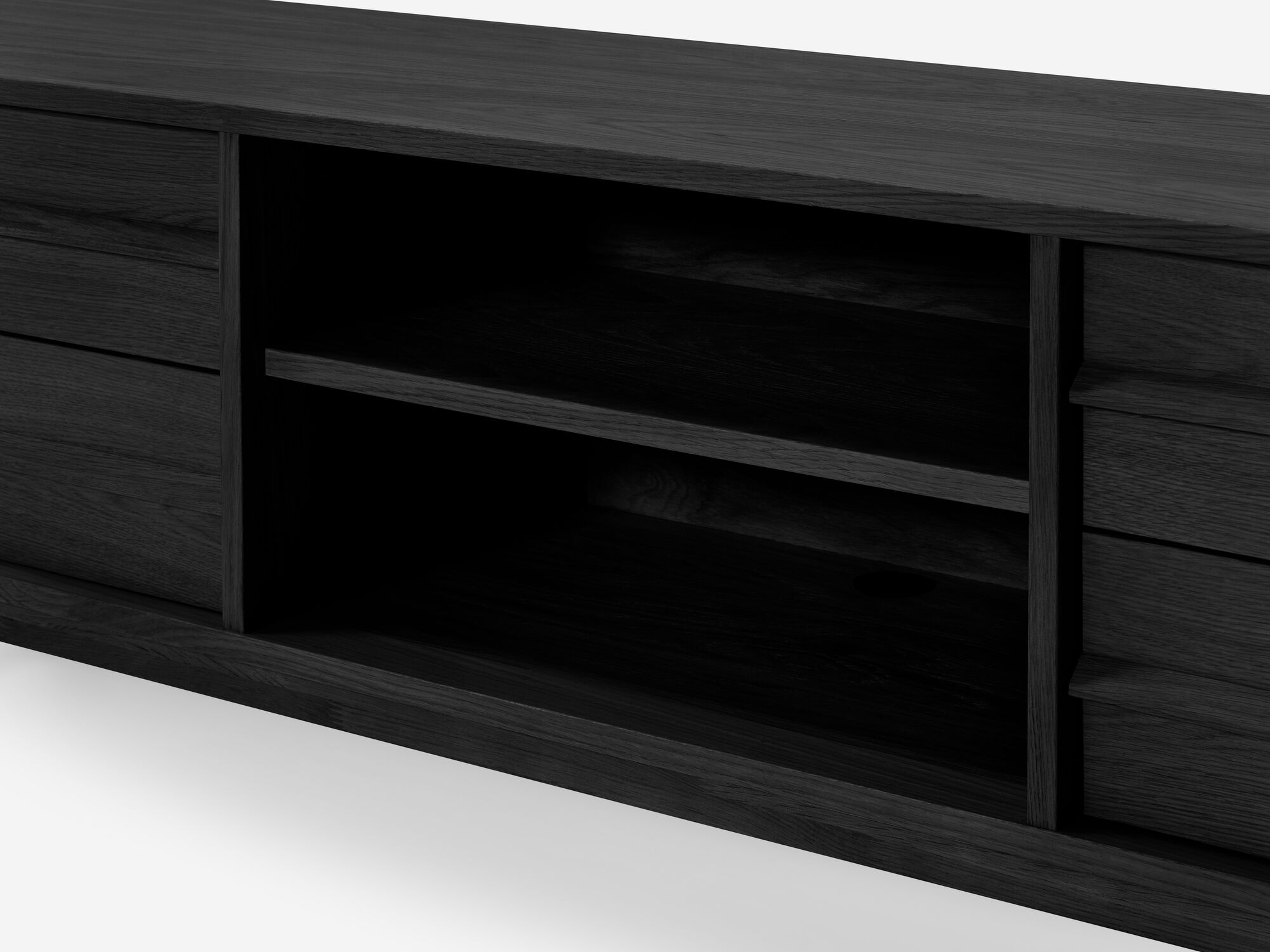 Detail view of small oak media unit of shelf